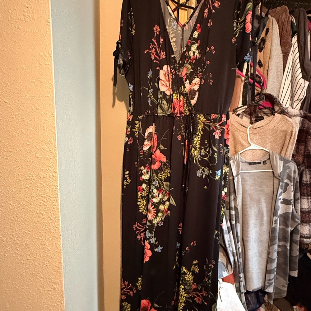 Maurices Black Floral Maxi Dress with Pink & Green Flowers